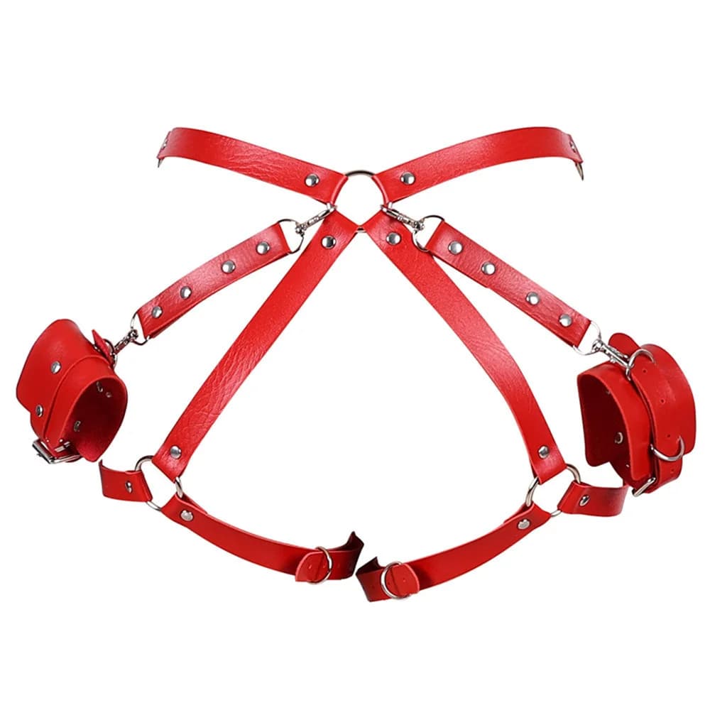 Adjustable PU leather body harness with matching cuffs - thumbnail 2