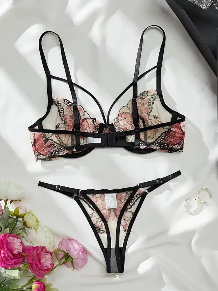 Butterfly embroidered bra set in delicate sheer mesh - thumbnail 3