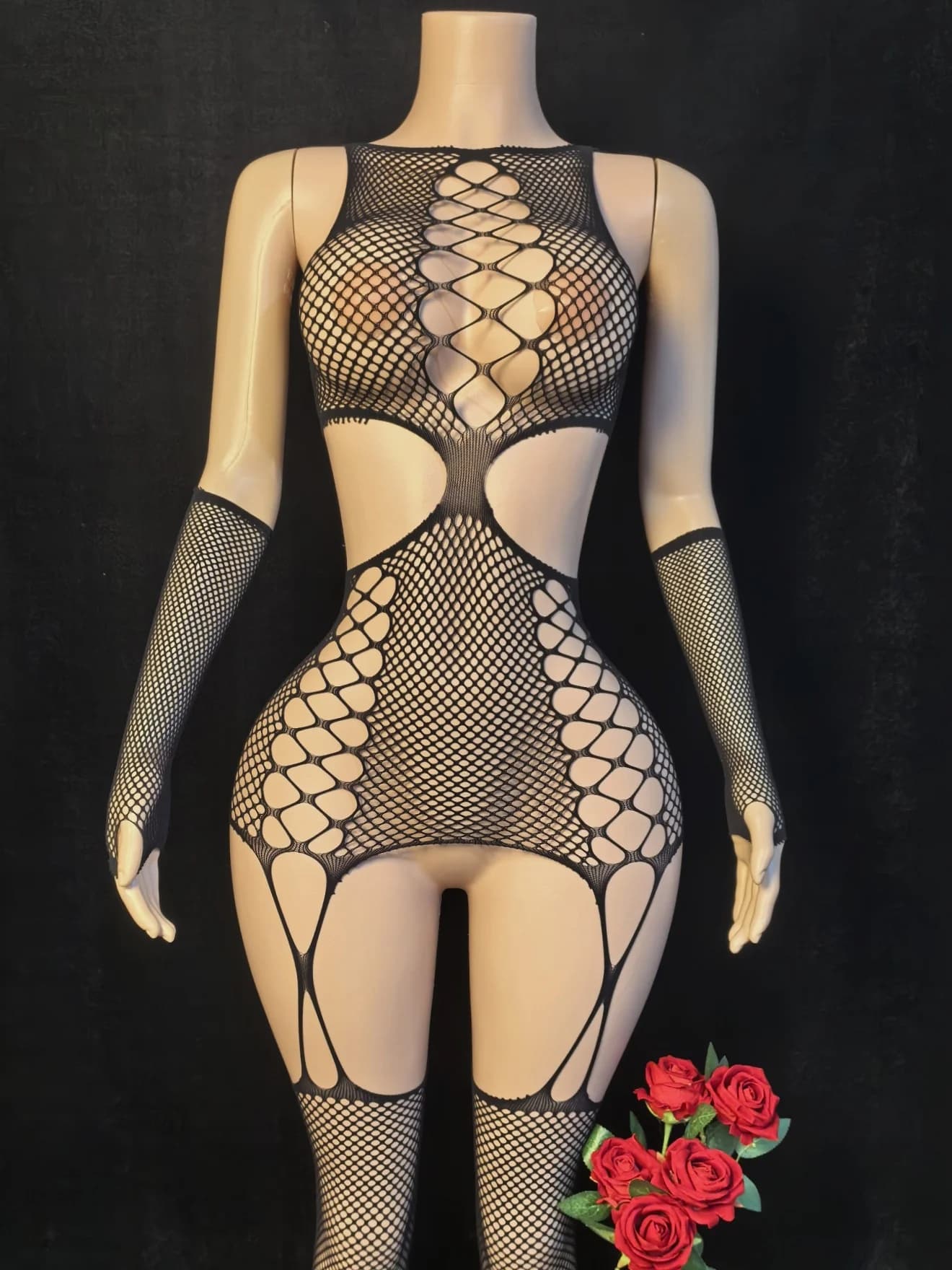 One-piece sheer mesh babydoll bodysuit with floral details - thumbnail 6