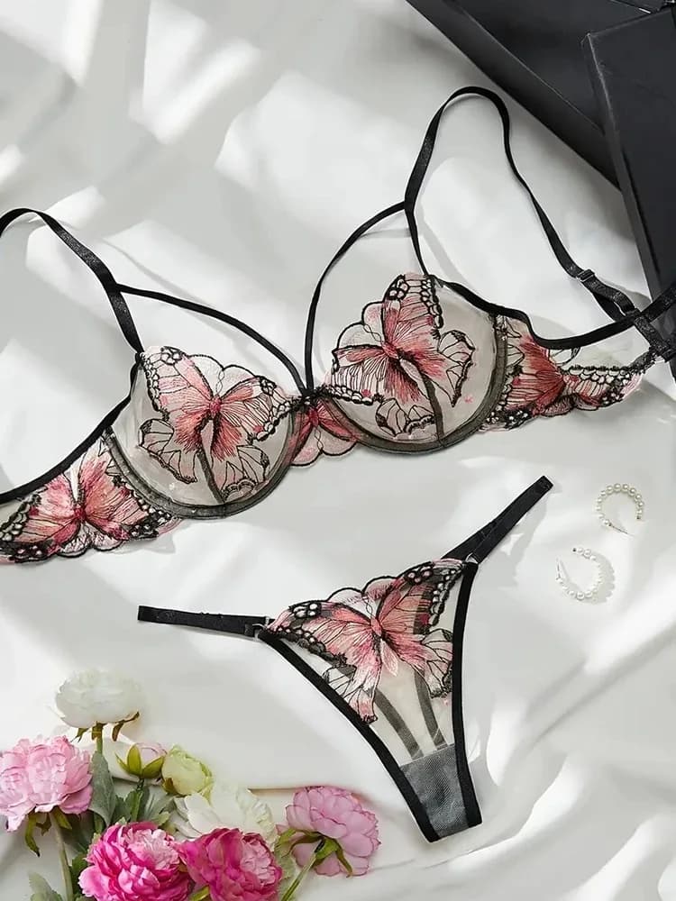 Butterfly embroidered bra set in delicate sheer mesh - thumbnail 5
