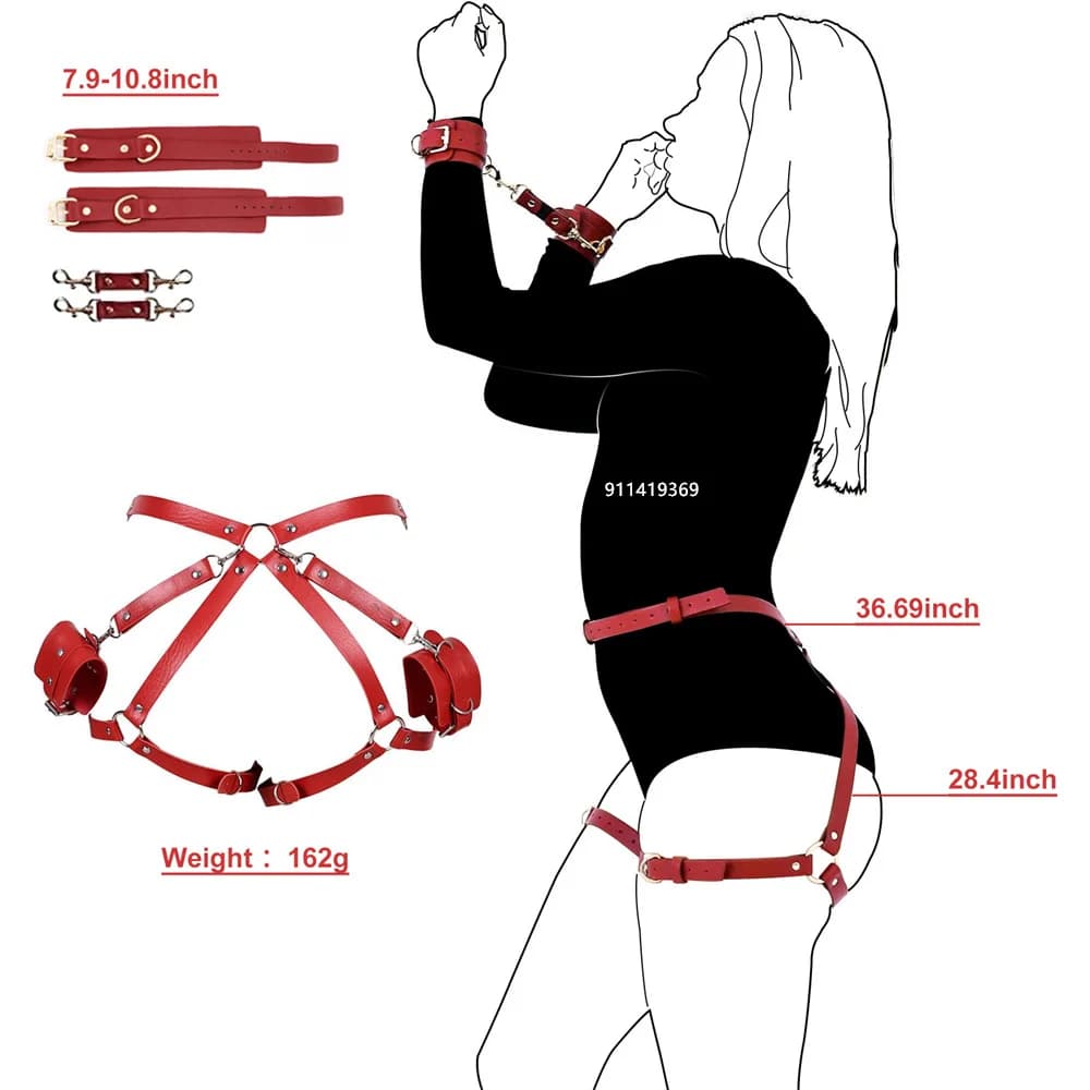 Adjustable PU leather body harness with matching cuffs - thumbnail 4