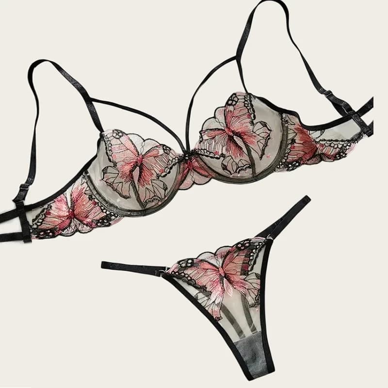 Butterfly embroidered bra set in delicate sheer mesh - image 1