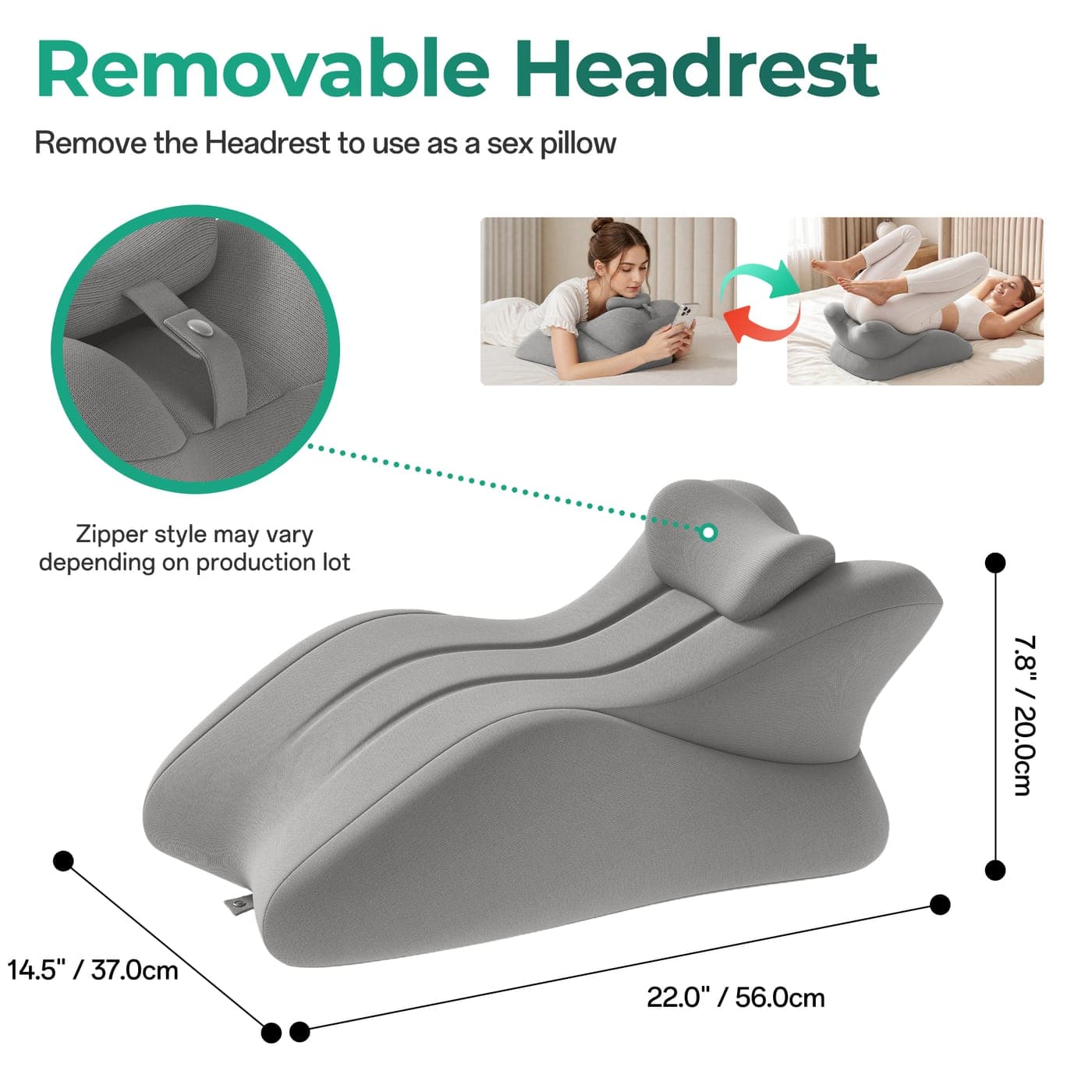 Ergonomic Sex Pillow with Removable Headrest, Grey - thumbnail 6