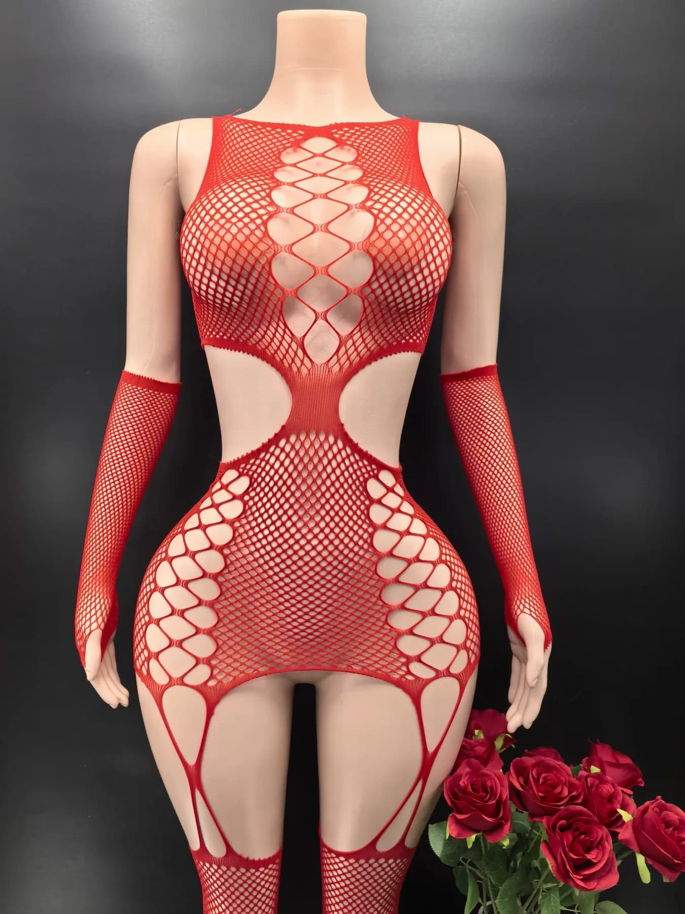 One-piece sheer mesh babydoll bodysuit with floral details - thumbnail 3