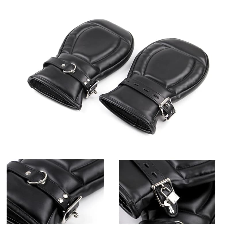 Padded leather bondage mittens with dog paw design - thumbnail 3