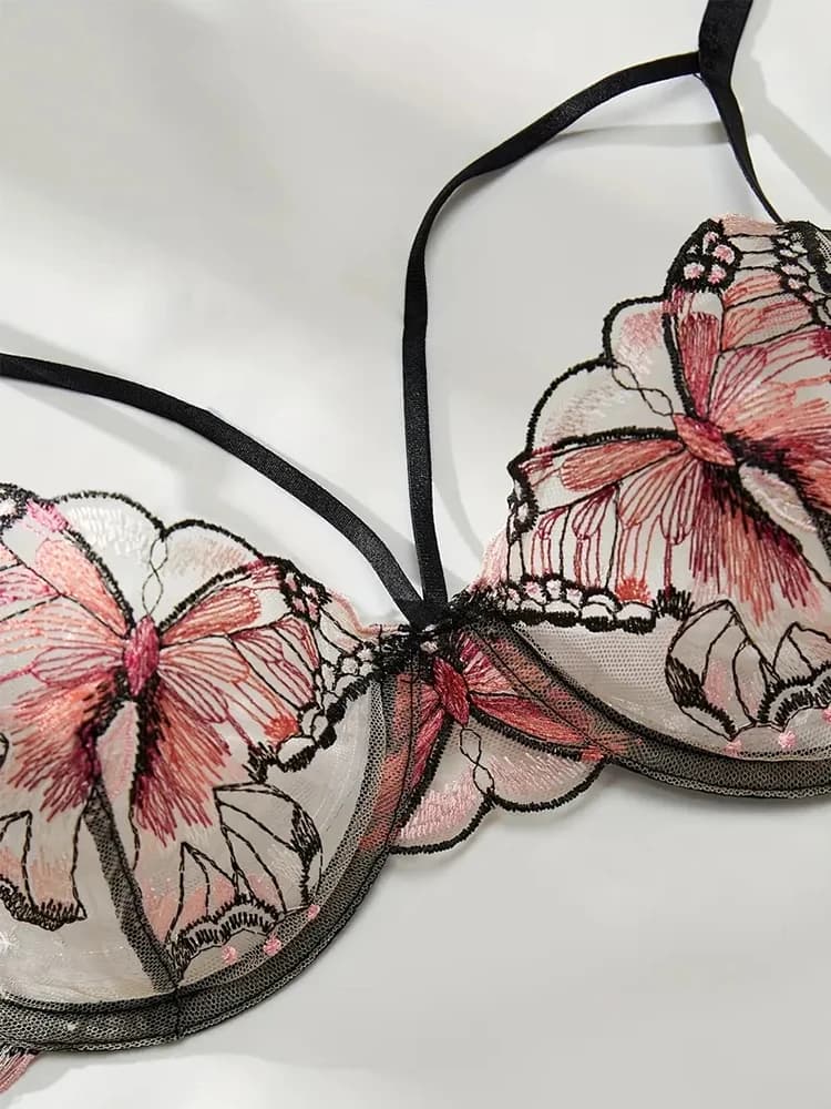Butterfly embroidered bra set in delicate sheer mesh - thumbnail 4