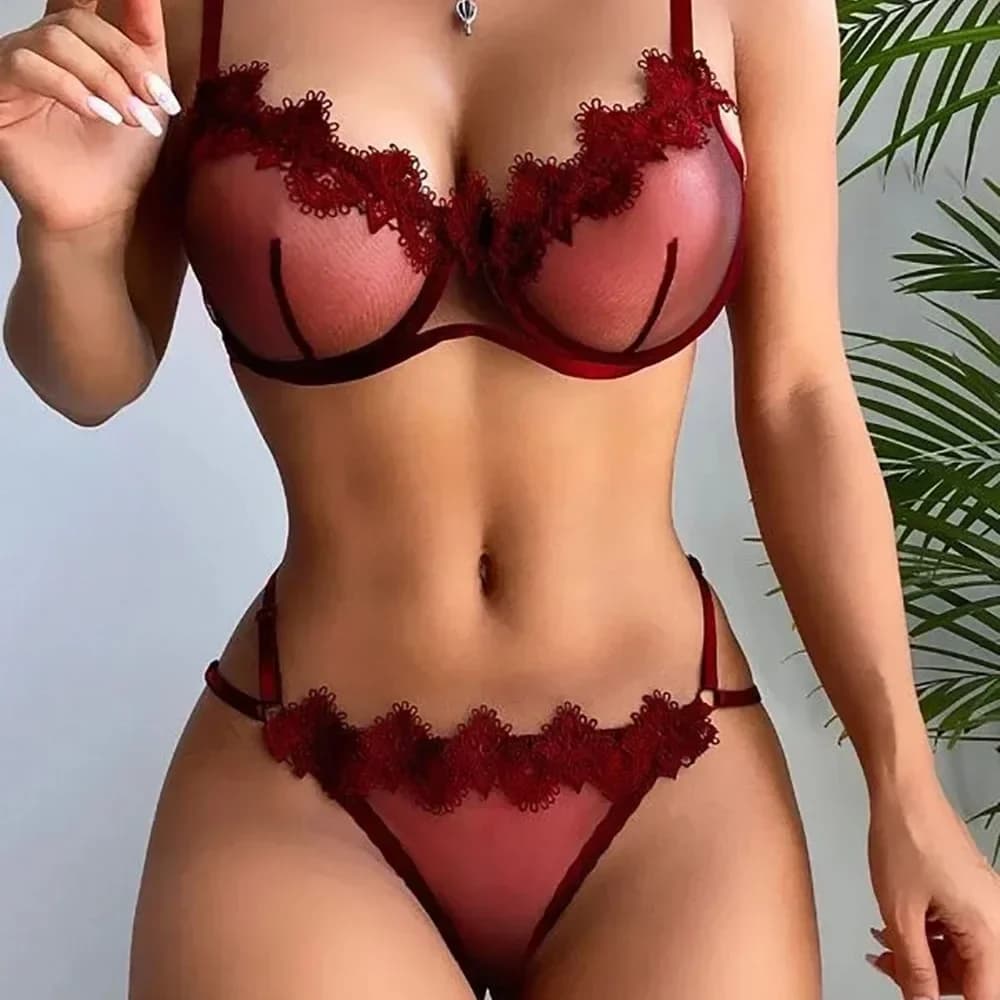 Sheer lace embroidered underwire lingerie set - thumbnail 5
