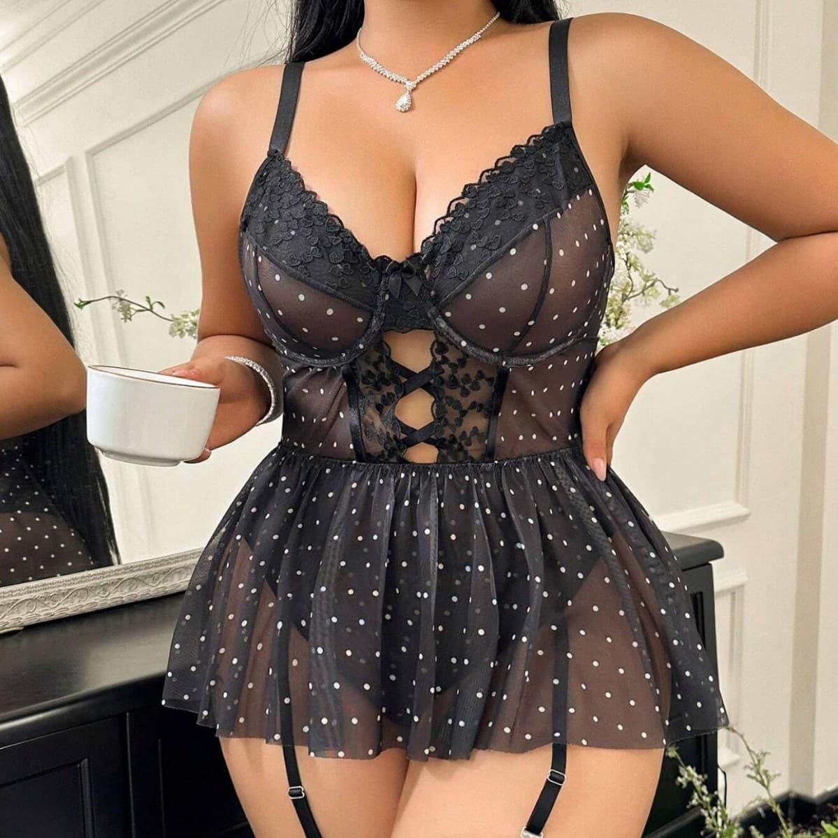 Plus-Size Pink Polka-Dot Babydoll - thumbnail 4
