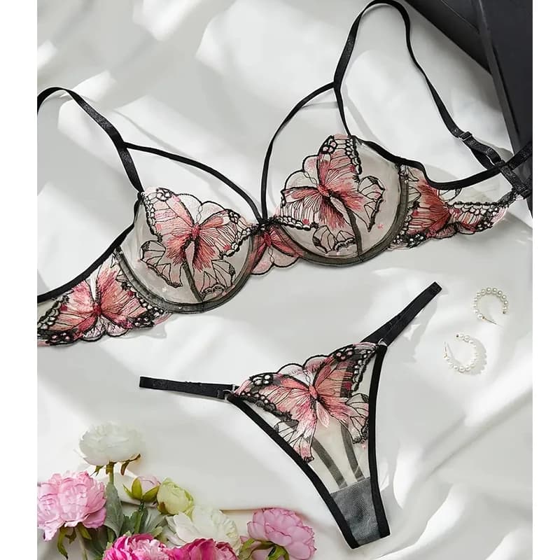 Butterfly embroidered bra set in delicate sheer mesh - thumbnail 2
