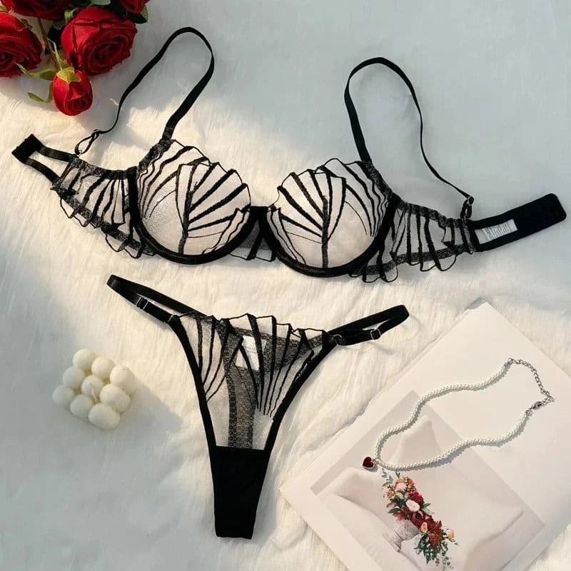 2pcs Women's Bra Set Sexy Lace Mesh Lingerie Set Ultra Thin Breathable Comfortable Lightweight Scallop Transparent Lingerie Set - thumbnail 3