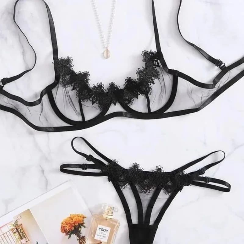 Sheer lace embroidered underwire lingerie set - thumbnail 6