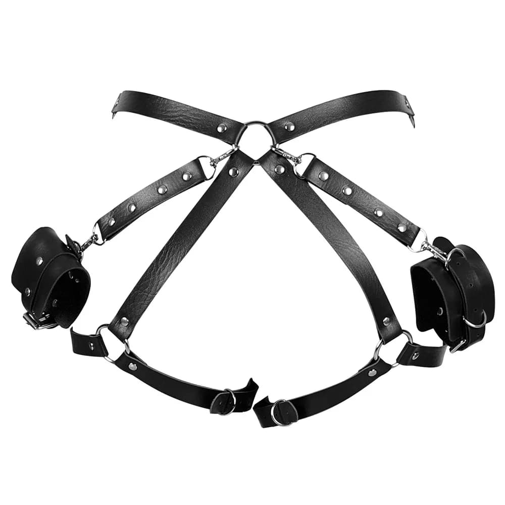 Adjustable PU leather body harness with matching cuffs - thumbnail 3