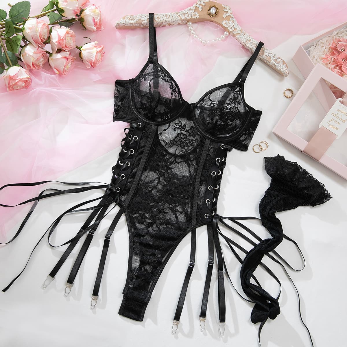 Black Lace Garter Bodysuit - thumbnail 6