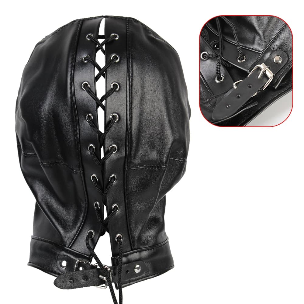 Black PU leather hollow hood fetish mask - thumbnail 2