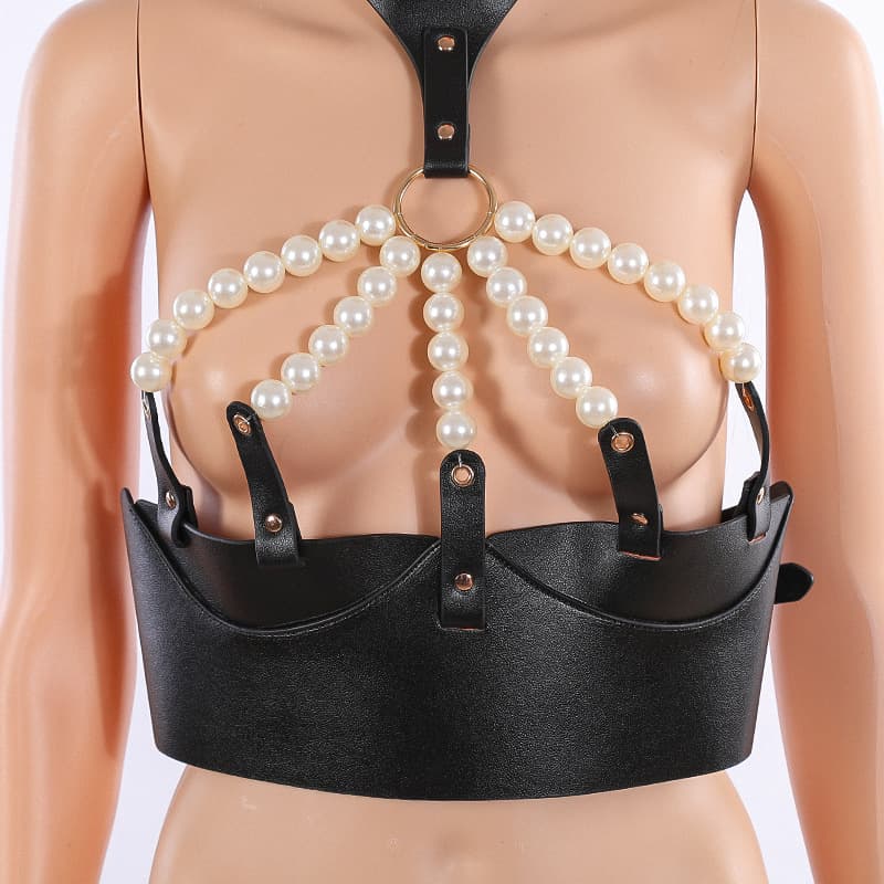 Leather & Pearl Harness Bra - thumbnail 4