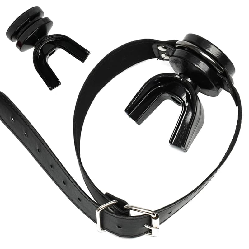 Leather bondage open mouth gag with ring - image 1