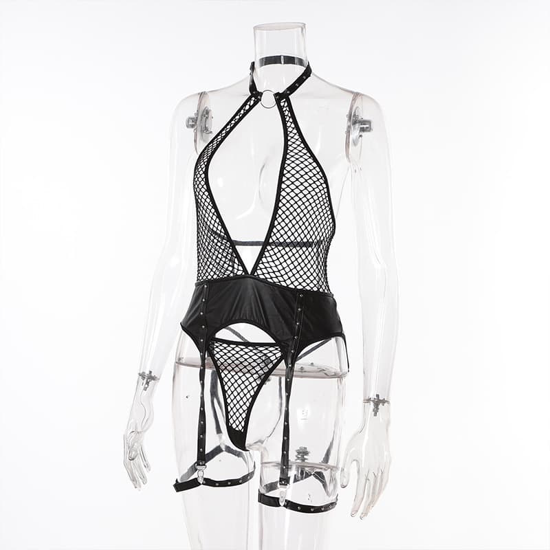 Fishnet Halter Bodysuit with Garters - image 1