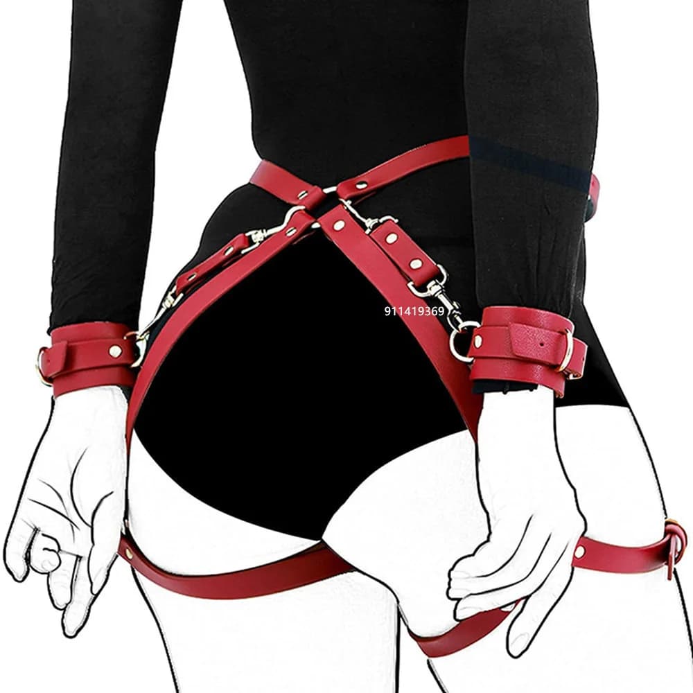Adjustable PU leather body harness with matching cuffs - image 1