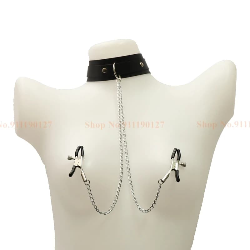 Leather collar and nipple chain set - image 1