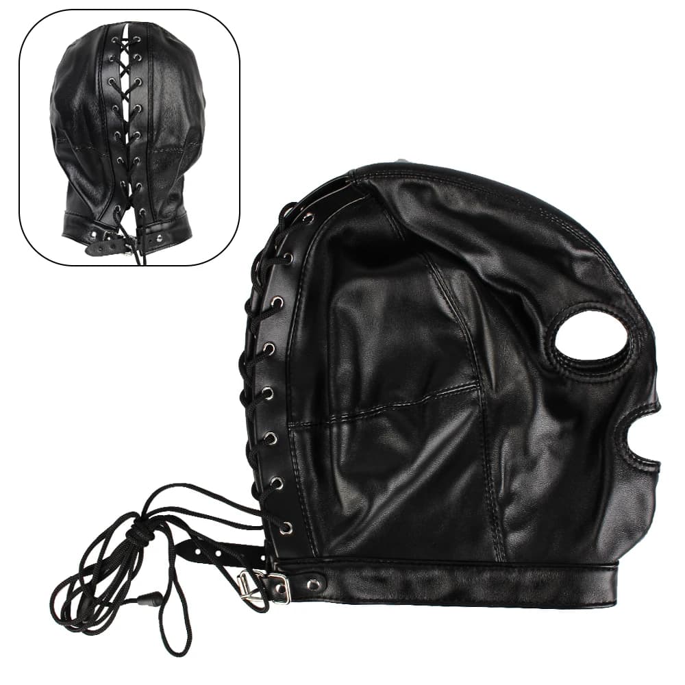 Black PU leather hollow hood fetish mask - image 1